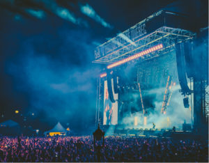 concert stage set up with crowd cheering as one of the top 5 motorsports events for rain insurance