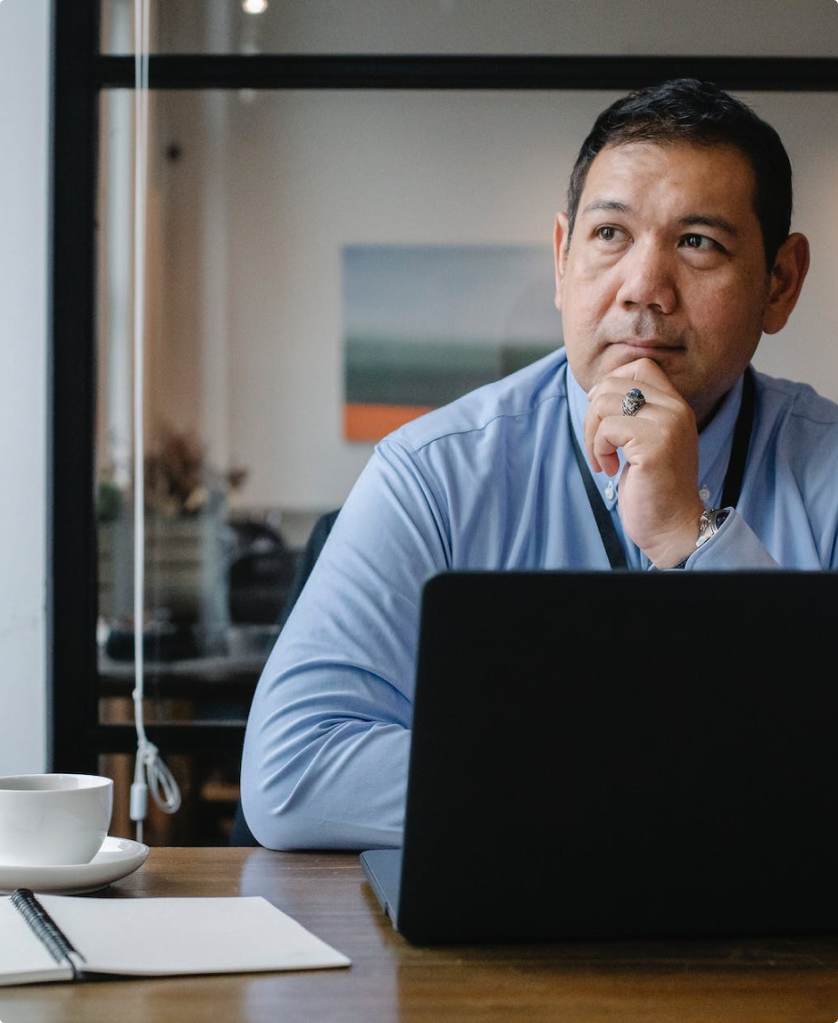 Insurance agent thinking about the money he can make using the vortex portal fro event planning risk management